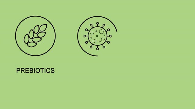 Postbiotic, prebiotic, and probiotic text on a green background. The concept of a healthy gut. Beneficial bacteria.