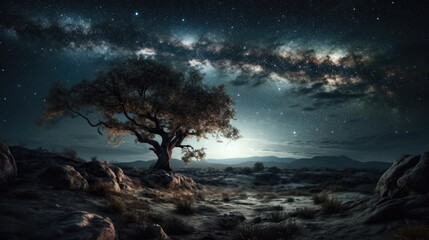Naklejka na ściany i meble Fantasy landscape with tree and starry sky. 3d rendering
