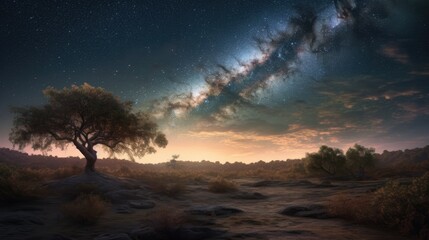 Fototapeta na wymiar Fantasy landscape with tree and milky way, 3d render