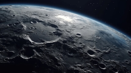 View of Moon from space. 3d rendering, background, wallpaper. Generative AI. 