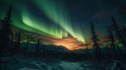 Aurora borealis, northern lights in winter forest. 3D rendering