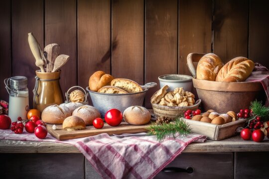 still life painting featuring bread and other food items on a table Generative AI