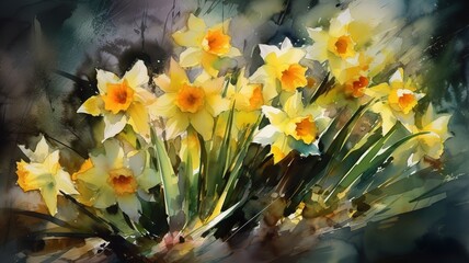 Obraz na płótnie Canvas Dancing Sunlight: Watercolor Impressions of Daffodils