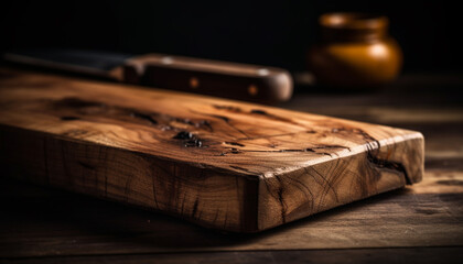 Rustic cutting board on old wooden table generated by AI