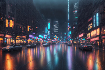 Fototapeta premium Modern city streets at night, skyscrapers and street lights, traffic and people. Generative AI.