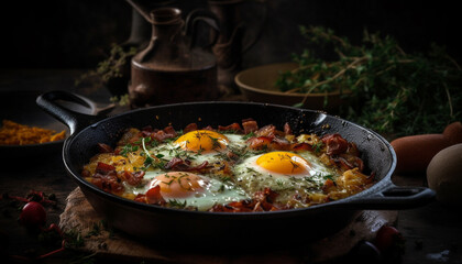 Freshly cooked gourmet meal on cast iron generated by AI