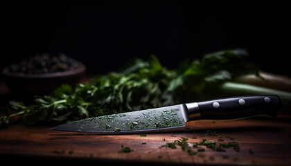 Sharp kitchen knife slices organic vegetable on plank generated by AI