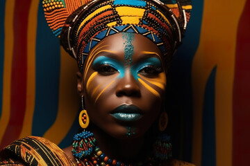 A close up of a person wearing a headdress. AI generative. African queen Generative AI