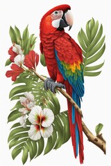 a Macaw surrounded by rainforest flowers and foliage, apparel design. Preservation, rainforest wildlife, Wildlife-themed, photorealistic illustration on a white background in JPG. generative ai