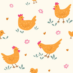 Vector seamless pattern with cute chickens and botanical elements. Hand drawn illustration with cartoon style for print, fabric, textile.