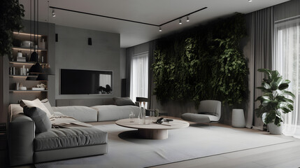 one room house design, modern, hd, grey and white colors, plants, technology