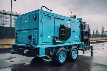 Industrial mobile diesel generator for office building, connected to electrical network by cable, created with Generative AI