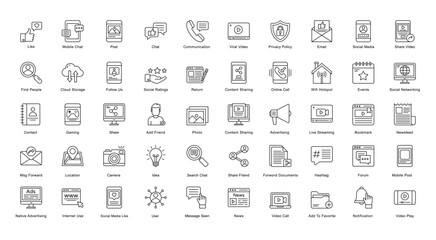 Obraz na płótnie Canvas Social Media Thin Line Icons Content Communication Outline Icons in Black