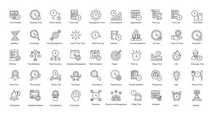 Time Management Thin Line Icons Daily Planning Outline Icons in Black