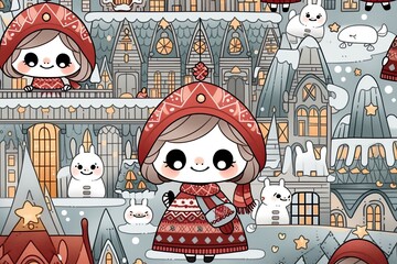 Happy Chubby Girl in Red Ethnic Dress in winter town, AI Generative illustration. Christmas, wintertime holiday decorative background for cards, wallpaper, scrapbooking. Generative AI