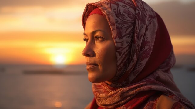 Serious mature Arab muslim woman wearing a hijab posing in a northern african city. Generative ai