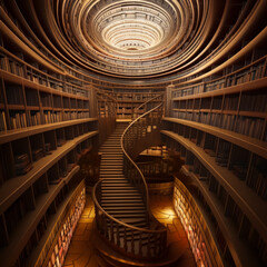 Wooden stairs in library. Library interior architecture. generative ai
