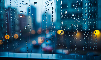 Cloudy weather droplet. Rainy day window city. generative ai