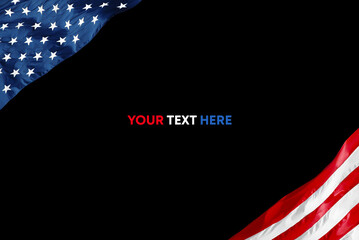 American Flag lying on black background. Template with text.	
