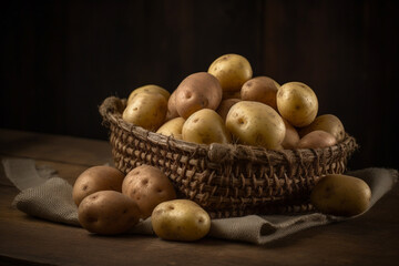 Product photography of a pile of fresh potatoes. Organic cusine vegetable. Delicious and healthy potato. Ai generated
