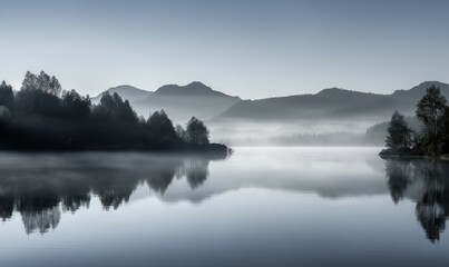 Fototapeta premium a body of water surrounded by trees and mountains in the background. generative ai