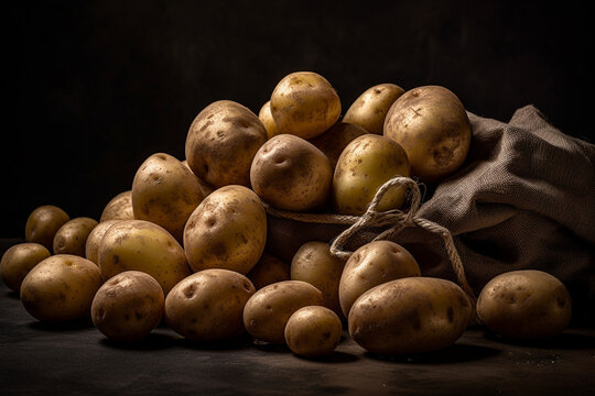 Product photography of a pile of fresh potatoes. Organic cusine vegetable. Delicious and healthy potato. Ai generated