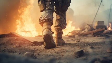 A soldier walking through a burning war zone. A military special forces soldier's legs in boots. Soldier crossing a destroyed war zone through fire and smoke in the desert. Generated with Ai tools - obrazy, fototapety, plakaty