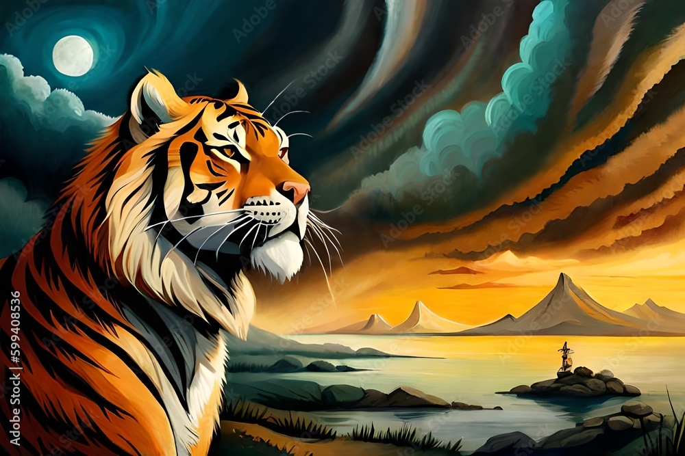 Wall mural oil painting of tiger, generative ai