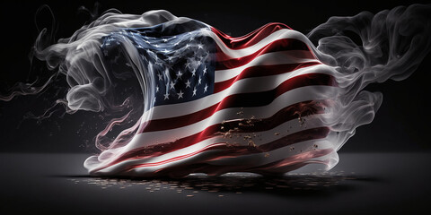 Amerikanische Fahne Flagge löst sich in Rauch auf, ai generativ