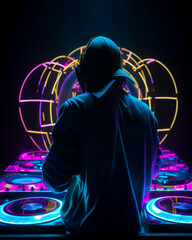 Rear view of the male DJ standing in front of sound equipment. Neon light at backdrop. Generative AI.