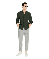 Stylish guy in fashionable and modern clothes on a white background. Vector illustration in flat style