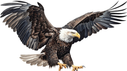 an isolated  bald eagle (Haliaeetus leucocephalus) , flying in motion and in landing position, wildlife, Wildlife-themed, photorealistic illustration on a transparent background PNG. generative ai