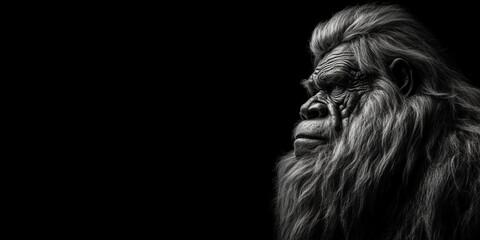 Naklejka premium Black and white photorealistic studio portrait of a mature male Bigfoot on black background. Generative AI illustration