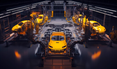 Yellow cars being assembled on the automobile-producing plant. Robotic equipment building vehicles. Top view. Generative AI.