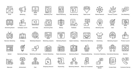 Digital Marketing Thin Line Iconset Advertising Ad Banner Outline Icon Bundle in Black