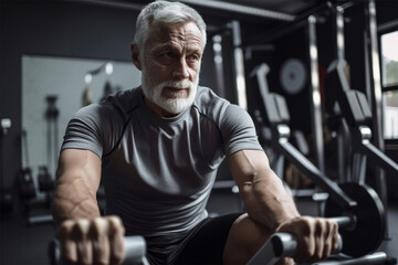 Fototapeta na wymiar a gray-haired elderly man is engaged in fitness equipment in the gym .the concept of health and self-care. Generative AI 