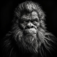 Black and white photorealistic studio portrait of a mature male Bigfoot on black background. Generative AI illustration