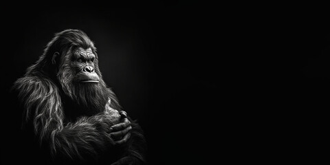 Fototapeta na wymiar Black and white photorealistic studio portrait of a mature male Bigfoot on black background. Generative AI illustration