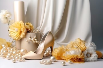 Elegant wedding shoes with pearls and flowers. Fashion design concept. Generative AI
