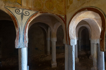 Interior of Hermitage of San Baudelio de Berlanga at Caltojar with remains of antique frescoes on...