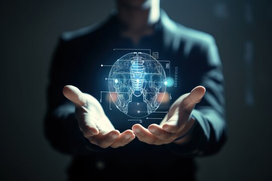 Male hands holding hologram of human brain circuits. Generative AI