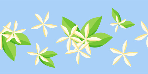 Seamless border of lemon flowers with leaves on a light blue background. Vector illustration for decoration, ribbon, print.