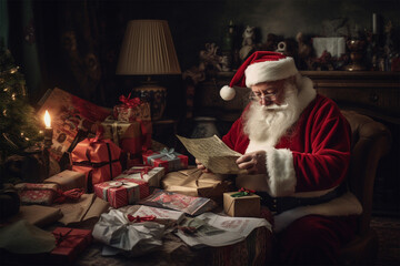 Fototapeta na wymiar Santa Claus is packing Christmas presents at the table. New Year and Christmas concept. Generative AI