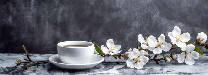 Obraz na płótnie Canvas Cup of tea close up shot next to white cherry blossom flowers. Studio shot background. Generative AI
