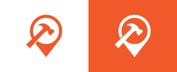Hammer Pin Map Location Repair Logo Concept symbol icon sign Design Element. Plumbing Service, House, Home Repair, Construction Building Logotype. Vector illustration template