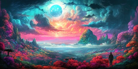Obraz na płótnie Canvas Surreal dreamy landscape of man admiring colorful mountain view over cloudy sky. Generative AI illustration
