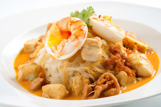 Pansit Palabok - Rice noodles with pork, eggs, and chicharron. Asian Filipino dish, food from Philippines Generative AI