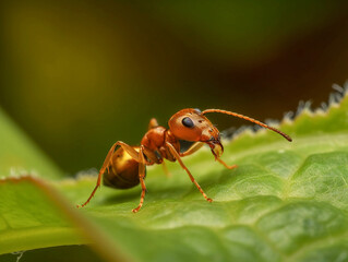 Close-up of Ant on green leaf. Wildlife. Generative Ai