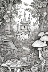 A black and white drawing of a castle in the woods. AI generative. Coloring book pattern Generative AI