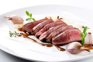 Fototapeta premium Bistek - thinly sliced marinated beef cooked with onions, AI generative Filipino dish, food from Philippines on white Generative AI